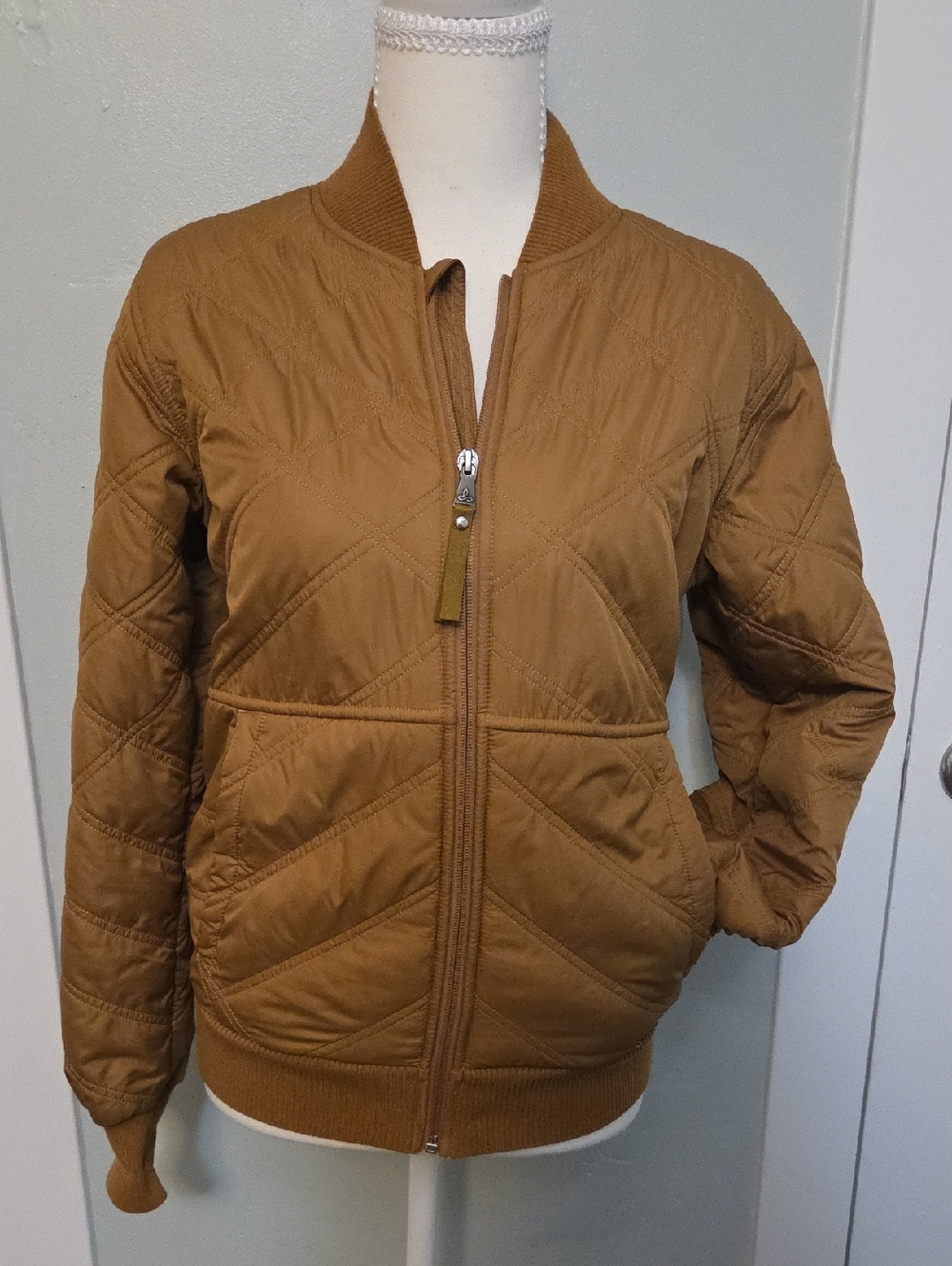 Prana Quilted Bomber Jacket in Caramel Brown